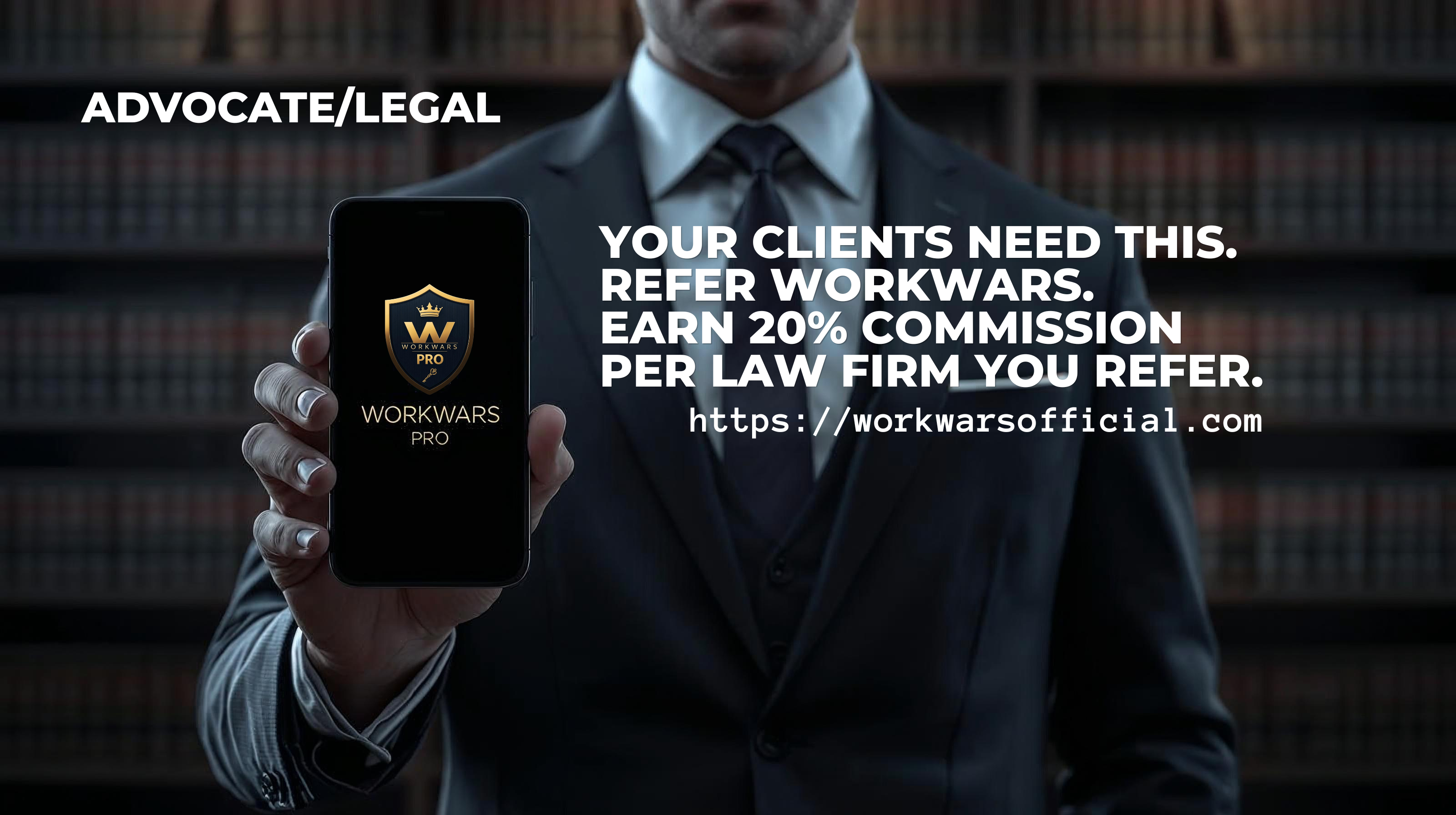 WORKWARS PRO employment lawyer affiliate program — earn 20% commission per law firm referred. Connect employment lawyers with verified workplace harassment and wrongful dismissal cases ready for legal action.