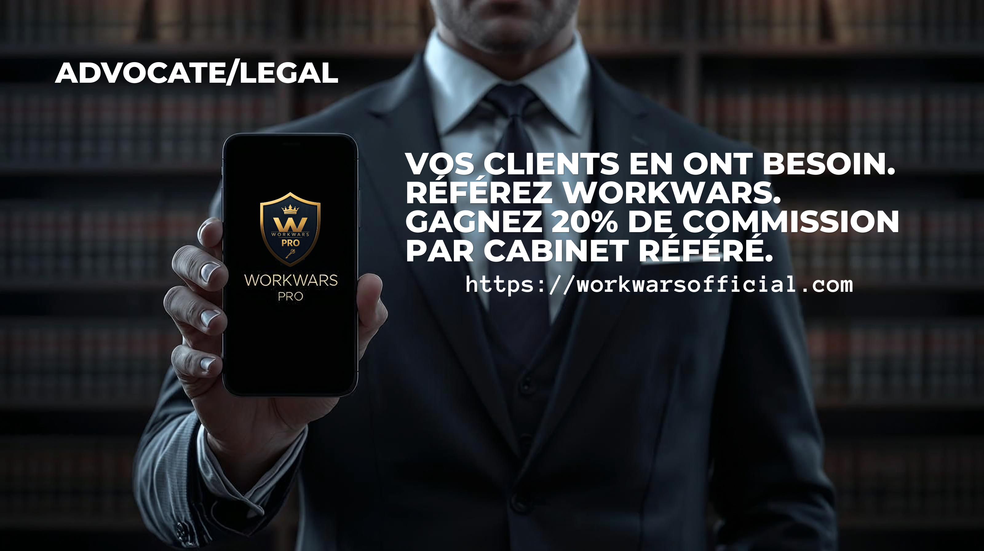 Programme d'affiliation avocat WORKWARS PRO — gagnez 20% de commission par cabinet référé. Connectez les avocats en droit du travail avec des dossiers vérifiés de harcèlement au travail.