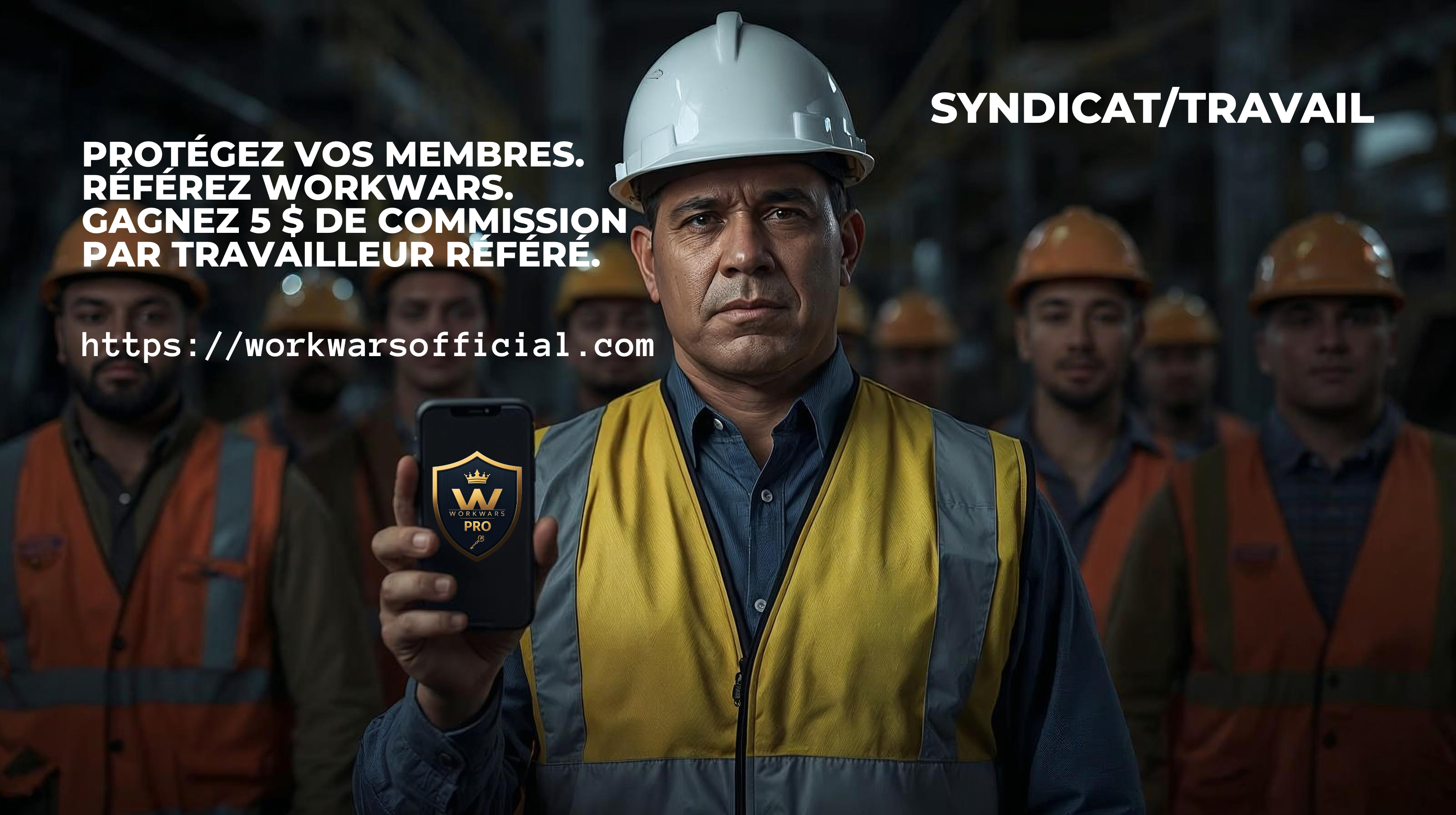 Programme d'affiliation syndicale WORKWARS PRO — gagnez 5 $ de commission par travailleur référé. Protégez les membres du syndicat contre le harcèlement au travail.