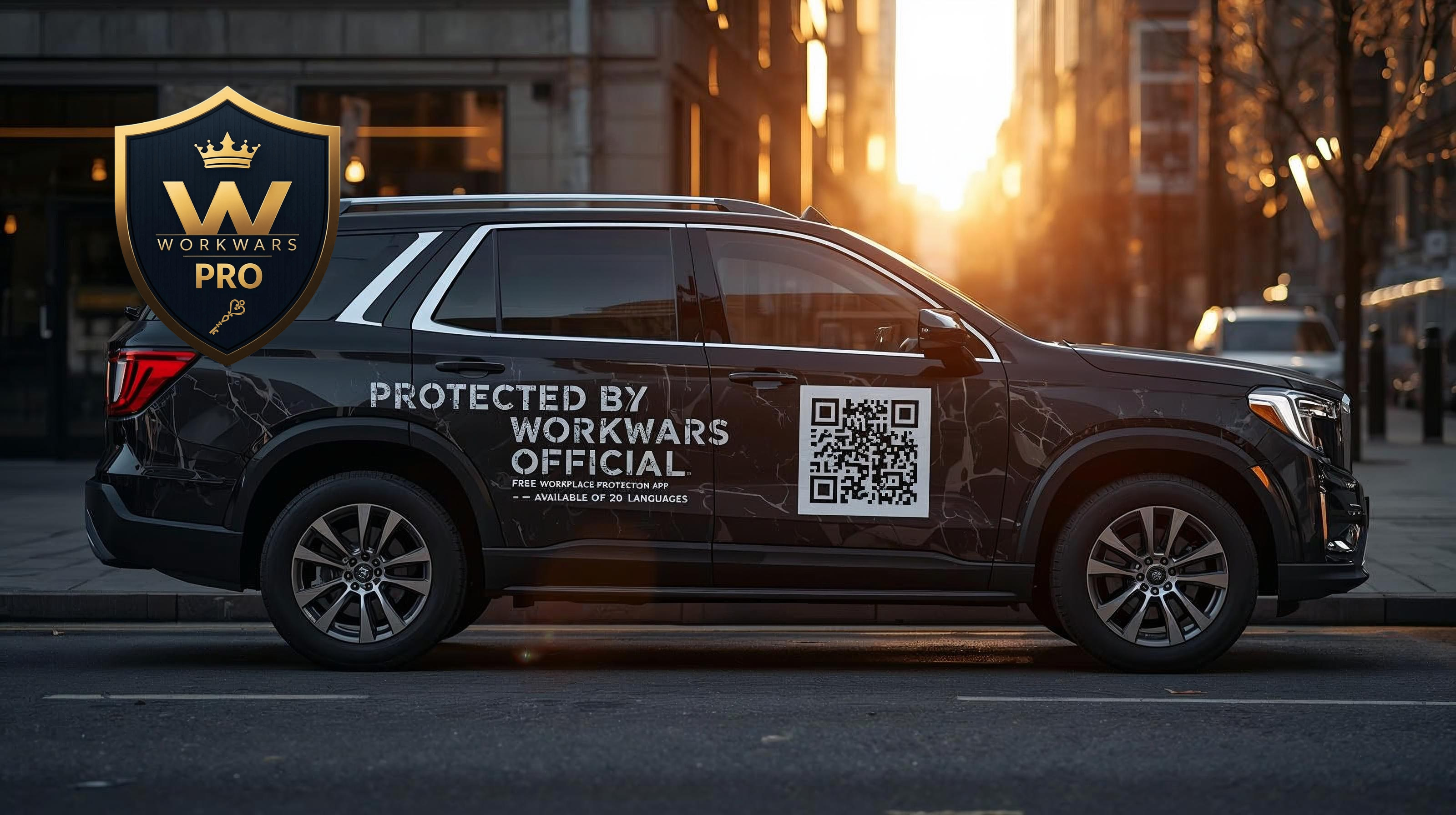 WORKWARS affiliate car wrap example — Protected by WorkWars Official with QR code